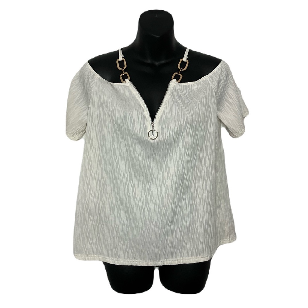 SHEIN Cream Off-Shoulder Blouse with Wave Texture and Chain Accents